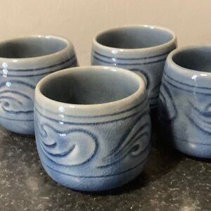 Vintage Set of 4 Thai Celadon Blue Ceramic Tea Mugs